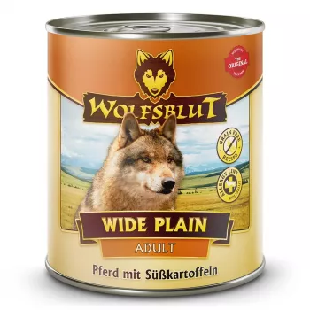 Šlapias šunų ėdalas Wolfsblut Wide Plain Horse Meat with Sweet Potatoes 800 g — pilnavertis konservuotas ėdalas, monoproteininis, suaugusiems, be glitimo ir sojos