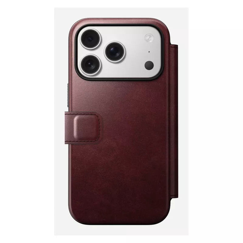 Mobiliojo telefono dėklas Nomad Modern Leather Folio, skirtas Apple iPhone 17 Pro, 6,3 colio (16 cm), oda, bordo spalvos
