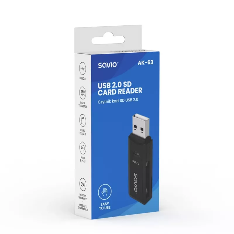 SD kortelių skaitytuvas, USB 2.0, 480 Mbps, AK-63 Savio SAVAK-63