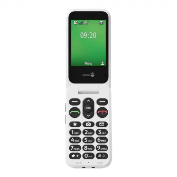 „Doro Leva E22“ mygtukinis telefonas, atverčiamas, 2,8 colio (7,11 cm) ekranas, viena SIM, 0,3 MP kamera, 1150 mAh, 127,8 g, raudona/baltas