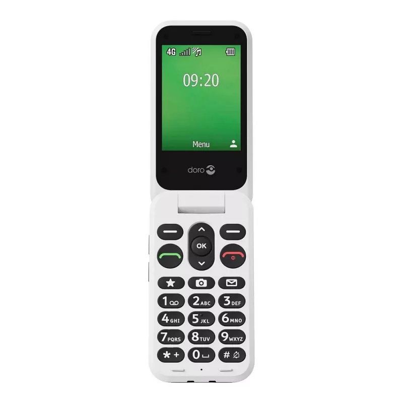 „Doro Leva E22“ mygtukinis telefonas, atverčiamas, 2,8 colio (7,11 cm) ekranas, viena SIM, 0,3 MP kamera, 1150 mAh, 127,8 g, raudona/baltas