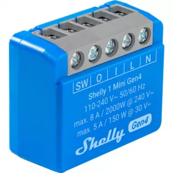 Išmanioji relės modulis Shelly 1 Mini Gen4, 1P 8A, Wi‑Fi/Matter/Zigbee/Bluetooth, 110–240V, kompaktiškas (2 vnt.)