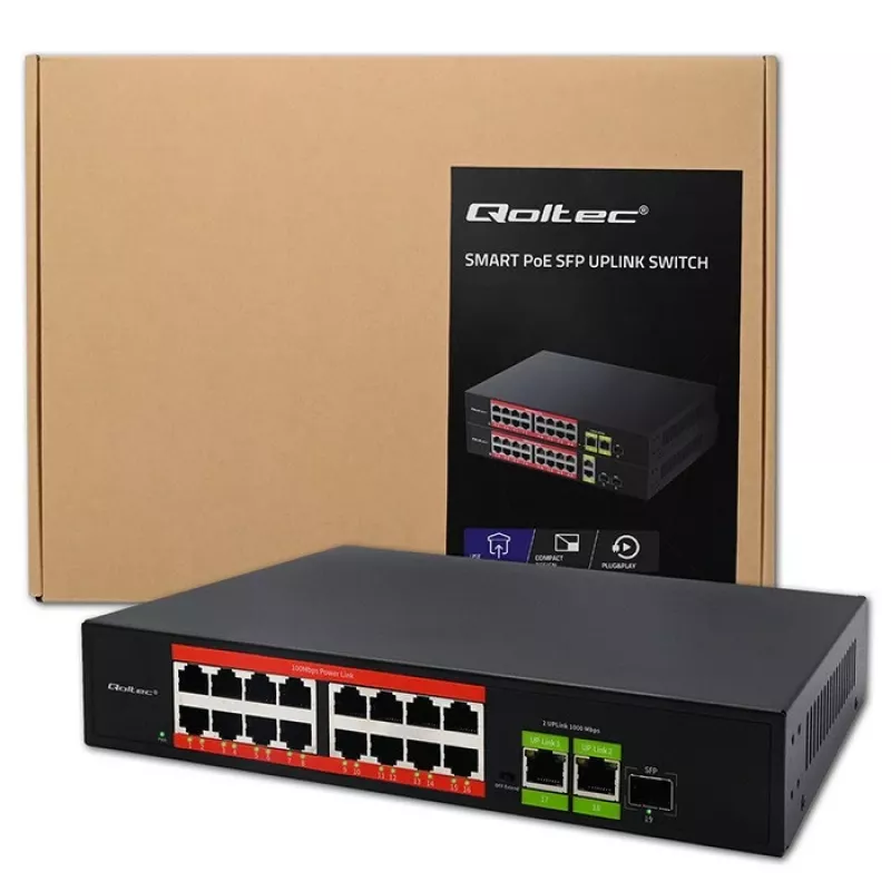 Ethernet PoE komutatorius QOLTEC 16x RJ45, 2x RJ45 uplink, 1x SFP (MPN 52291)
