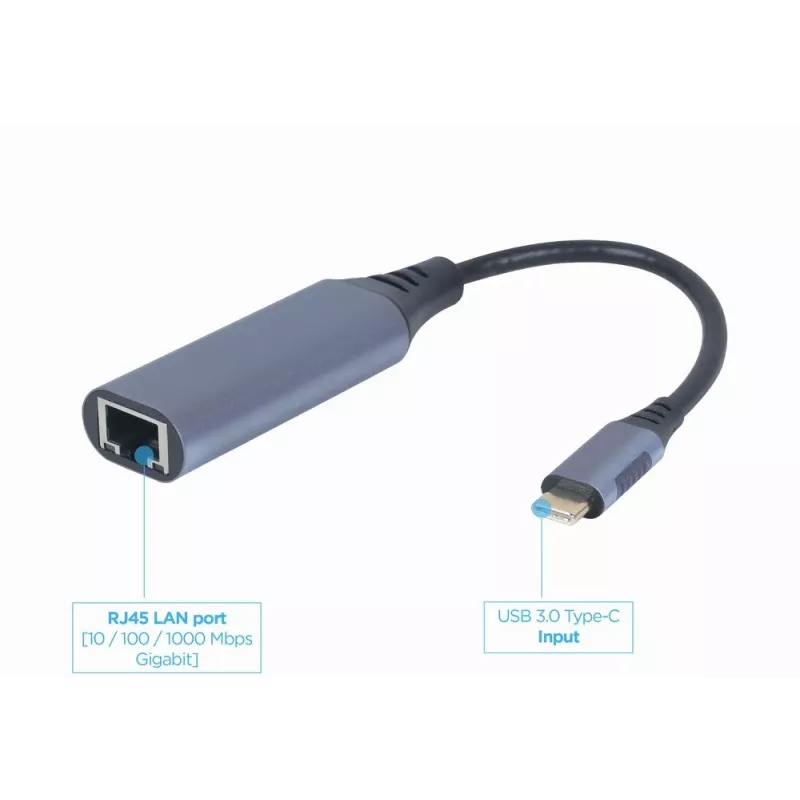 Tinklo adapteris Gembird A-USB3C-LAN-01 Type-C USB 3.2 Gen 1, Gigabit RJ-45, 0,15 m laidas, metalinis korpusas, pilka/juoda