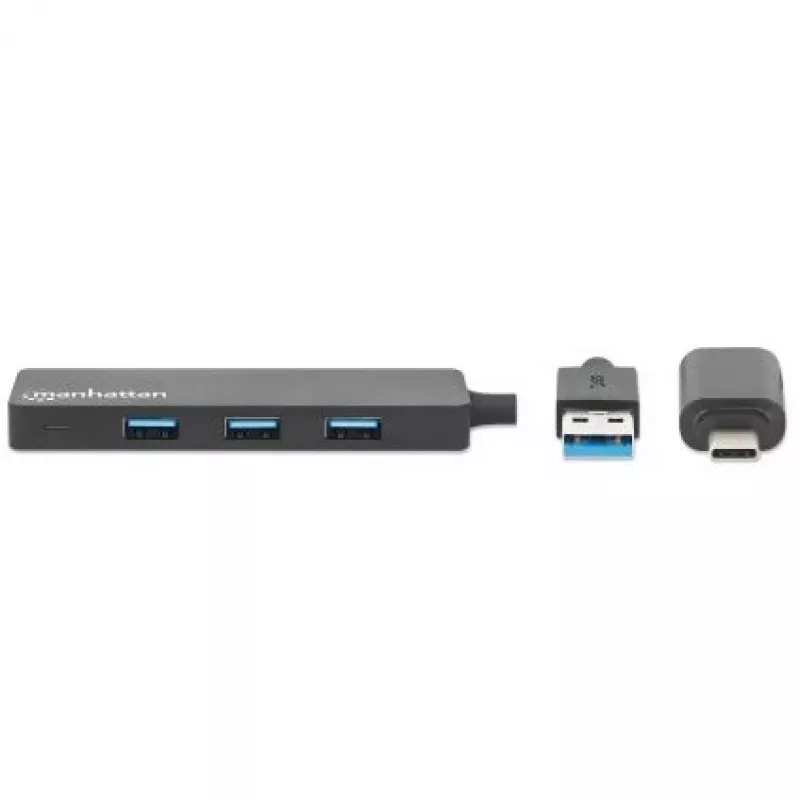 Manhattan USB-C & USB-A Combo Dock/Hub, prievadai (4): USB-A (x4), 5 Gbps (USB 3.2 Gen1, dar žinomas kaip USB 3.0), maitinamas per USB (nereikia išorinio maitinimo šaltinio)