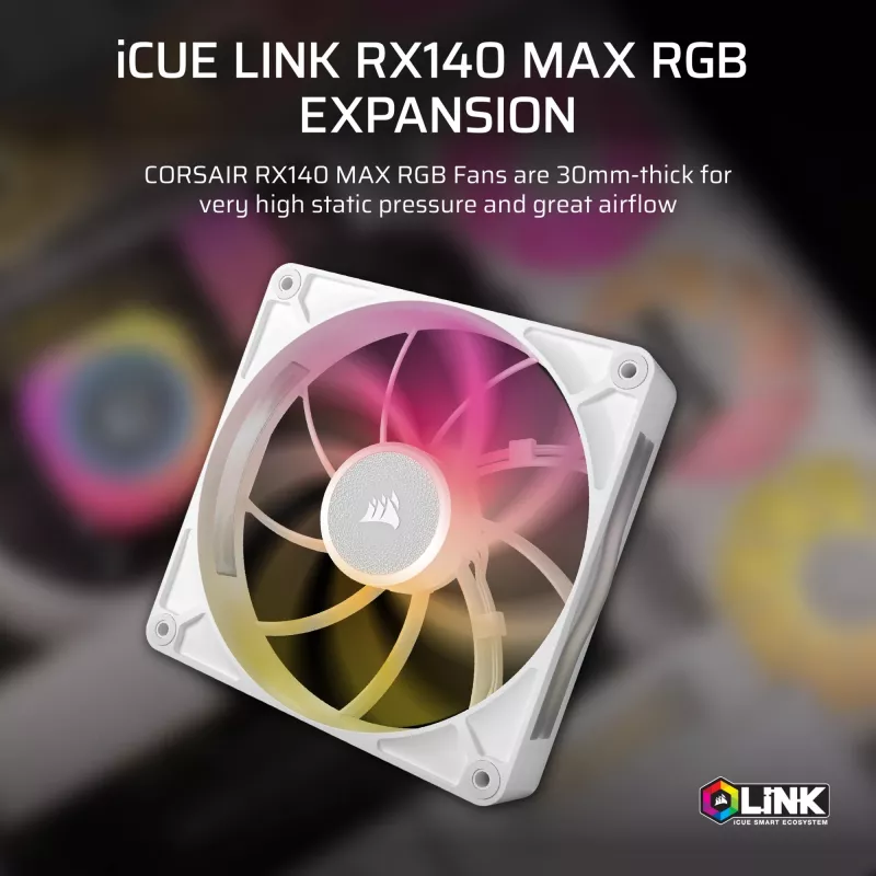 Corsair iCUE LINK RX140 MAX RGB 14 cm ventiliatorius, baltas, 300–1600 RPM