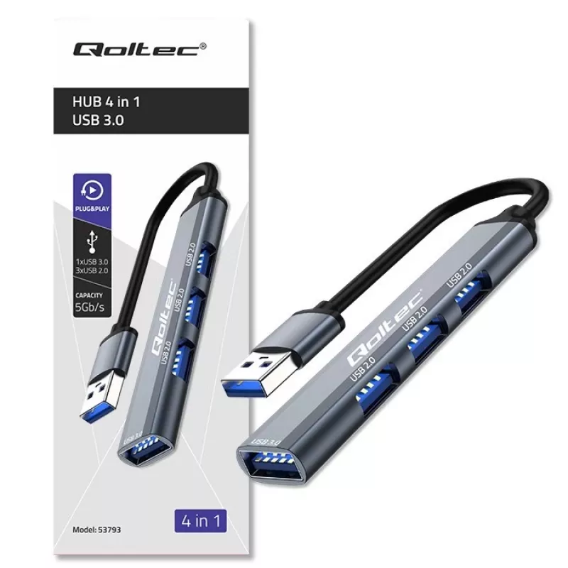 USB šakotuvas QOLTEC 53793 — USB 3.0 įvestis, 3× USB 2.0 prievadai