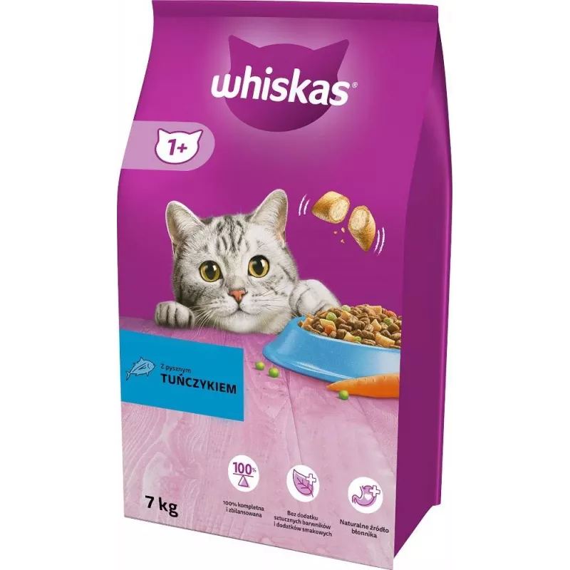 Sausas kačių maistas Whiskas Cat Adult su tunu 7 kg — visavertis sausas maistas suaugusioms katėms, 30,8% baltymų, 12% riebalų