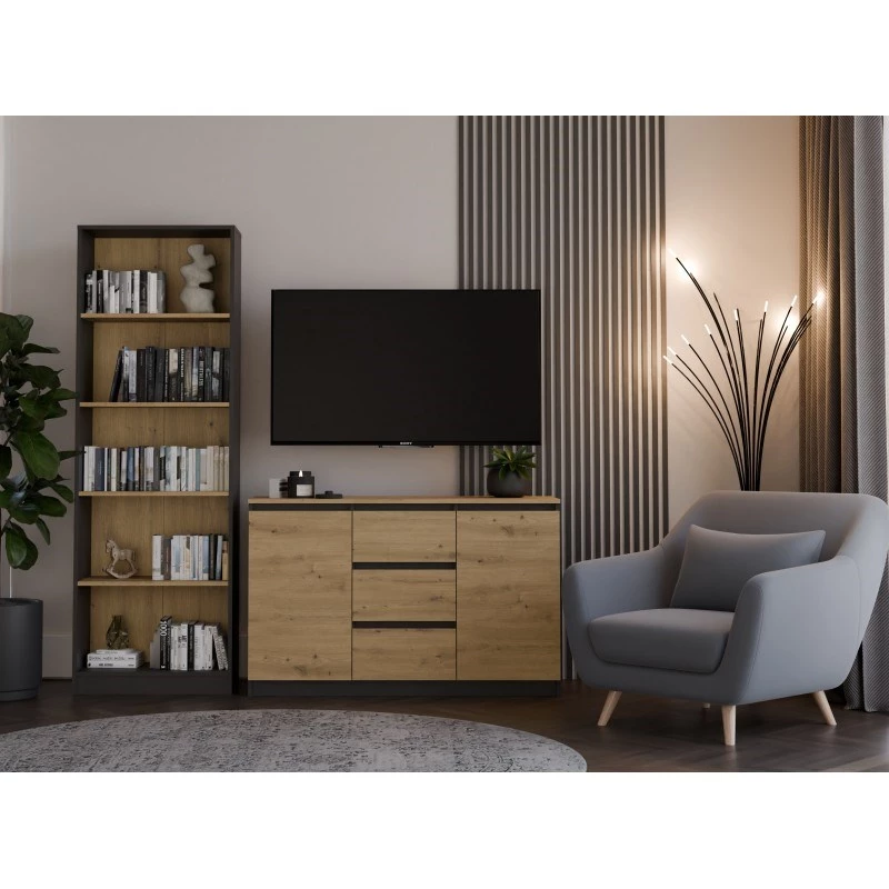 Komoda viršutinė dalis e-parduotuvė Topeshop 2D3S ANT/ART BA KPL — antracito ir ąžuolo, 3 stalčiai, medžio drožlių plokštės korpusas
