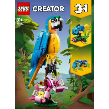 LEGO konstravimo rinkinys Egzotiška papūga 31136 — Creator parodomasis modelis, 253 dalys, 220×120×110 mm