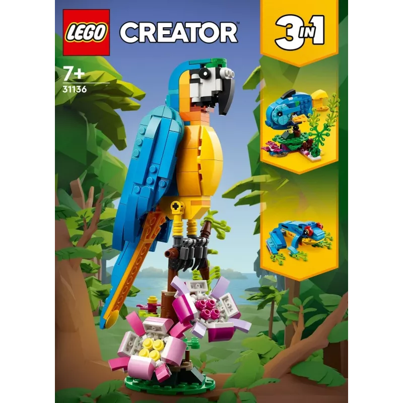 LEGO konstravimo rinkinys Egzotiška papūga 31136 — Creator parodomasis modelis, 253 dalys, 220×120×110 mm