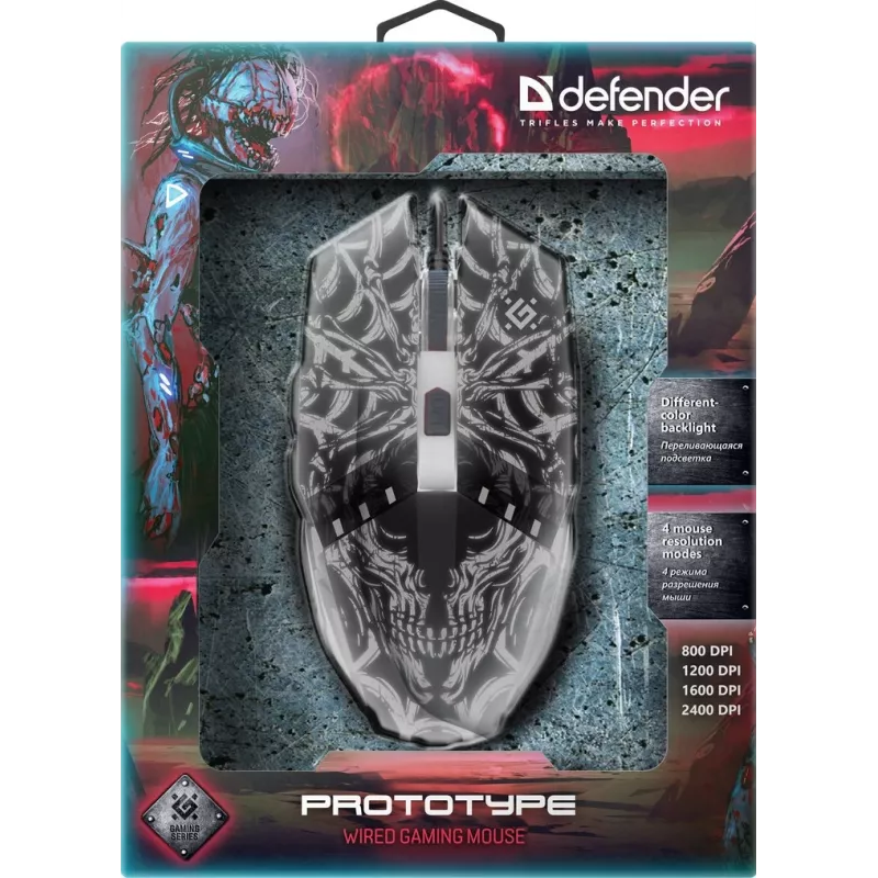 Žaidimų pelė DEFENDER GM-670L (dvikryptė) optinė, 2400 DPI, 5 mygtukai, laidinė, juoda, RGB