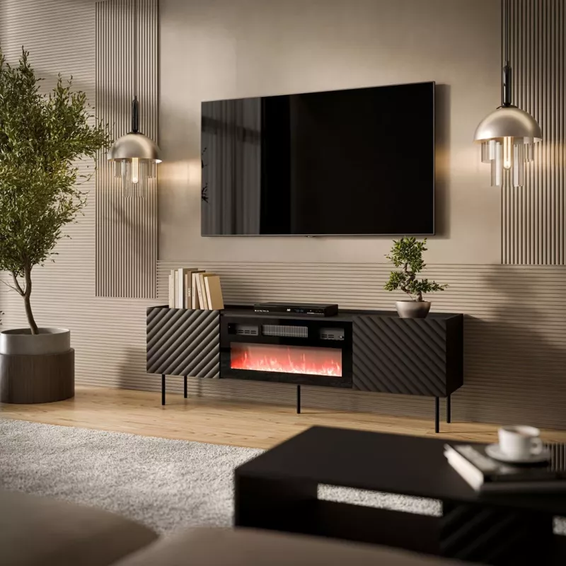 TV spintelė Cama Meble LUCCA 180x40x59 cm, juodas viršus ir rėmas, medžio drožlių plokštė, su juodu židiniu
