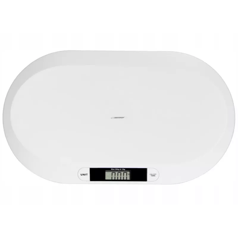 Elektroninės kūdikių svarstyklės ESPERANZA EBS019 — talpa 0,03–20 kg, 0,01 kg padala, didelis 60×25 mm LCD, balta