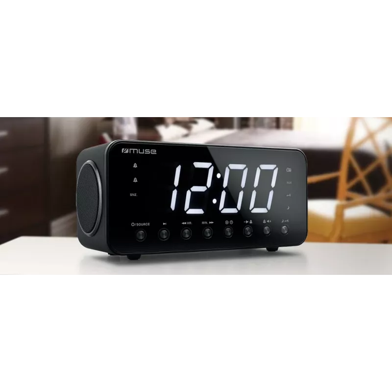 Radijo laikrodis Muse M-192 CR — skaitmeninis laikrodis, FM imtuvas, 1,8 colio LED ekranas, juoda mediena, AC 100–240V, AAA atsarginė