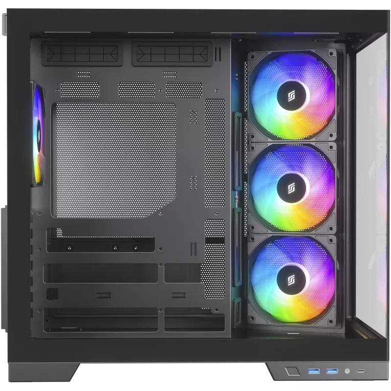 Silentware View A-RGB Juoda PC korpusas VIEWJuoda — vidutinio dydžio bokšto korpusas su A-RGB apšvietimu