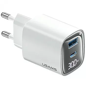 USB ir USB-C 30W GaN greitasis įkroviklis usams CC229 baltas — LED indikatorius, kompaktiškas dizainas