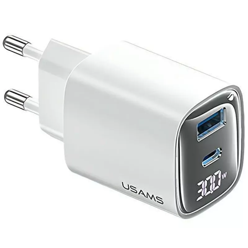 USB ir USB-C 30W GaN greitasis įkroviklis usams CC229 baltas — LED indikatorius, kompaktiškas dizainas