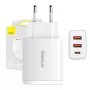 Baseus Compact Quick Charger, 2xUSB, USB-C, PD, 3A, 30W (balta)