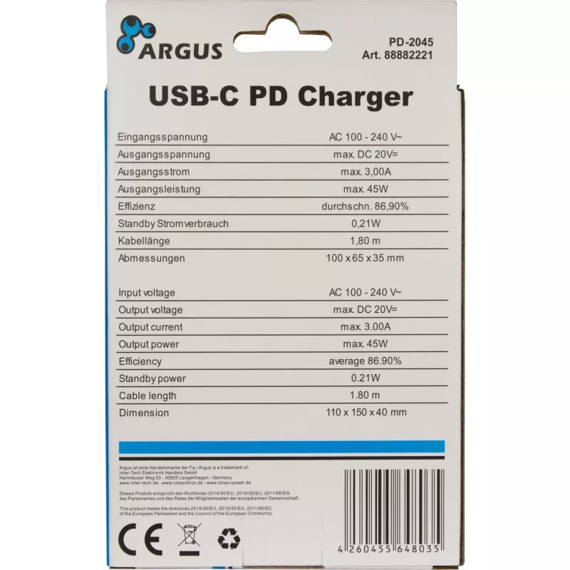 Įkroviklis Inter-Tech PD-2045 Universalus Juodas AC patalpoms 20V USB-C