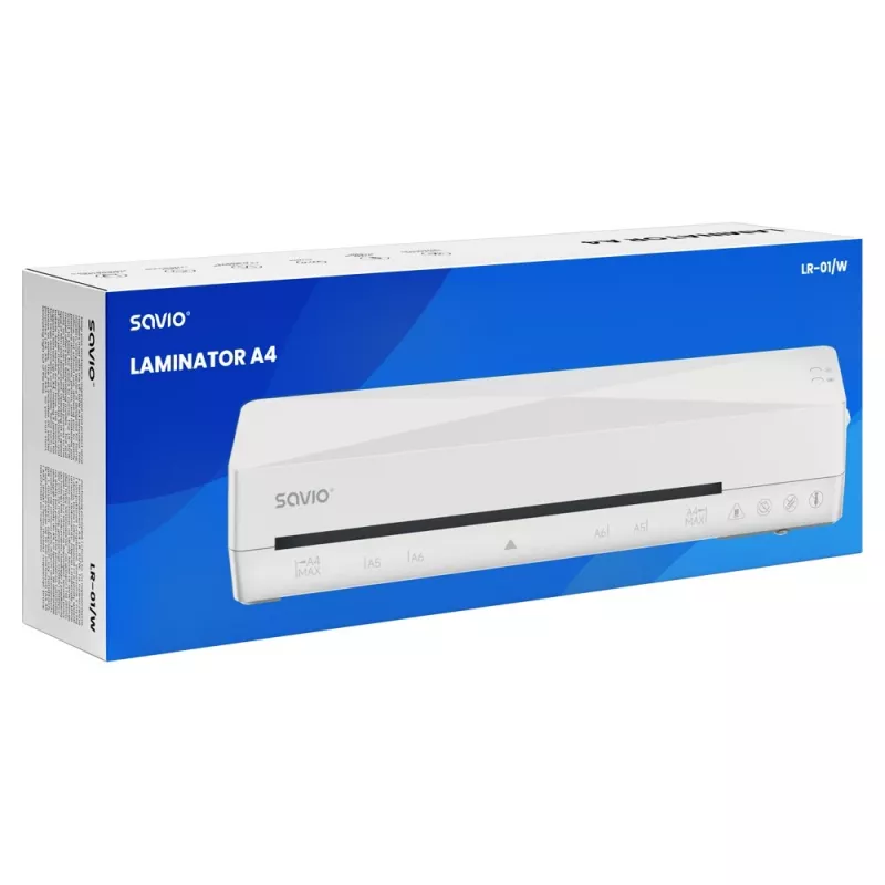 Šalto/karšto laminavimo įrenginys SAVIO LR-01/W — maks. plotis 230 mm, 320 mm/min, 300 W, balta