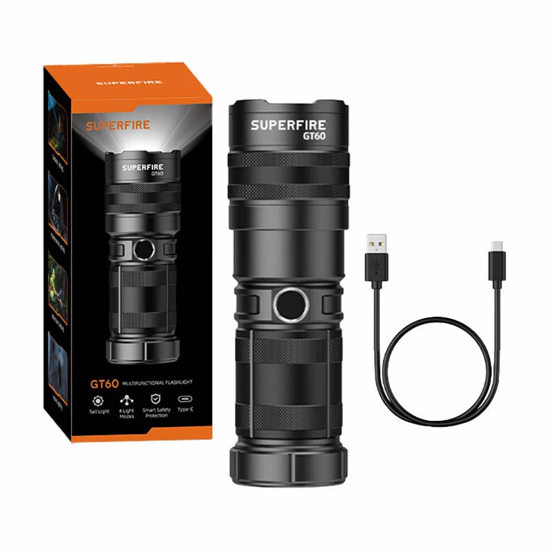 Superfire GT60 žibintuvėlis, 2600 lm, USB-C įkraunamas rankinis žibintuvėlis