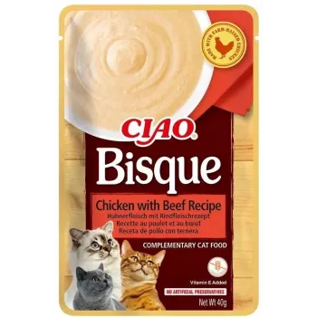 Šlapias kačių skanėstas INABA Ciao Bisque — Vištiena su jautiena, 40 g pakelis, be grūdų ir cukraus