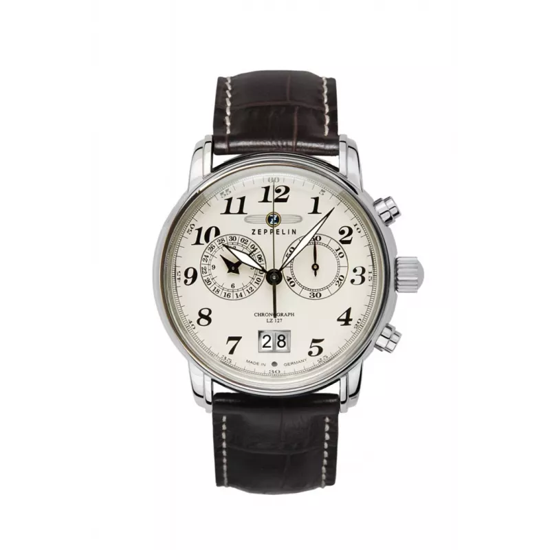 Rankinis laikrodis Zeppelin 7684-5 — vyriškas kvarcinis, nerūdijančio plieno korpusas, 40 mm skersmuo, 11 mm aukštis, sidabrinis