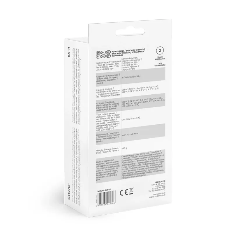 Įkraunama baterija SAVIO BA-11 ličio jonų 3000 mAh, 3,7 V, USB-C x2, balta