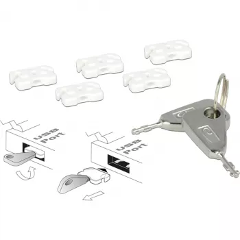 USB prievado blokatorių rinkinys USB-A lizdui, kištukinis užraktas balta/sidabrinė, 5x USB prievado blokatorius, 2x raktas
