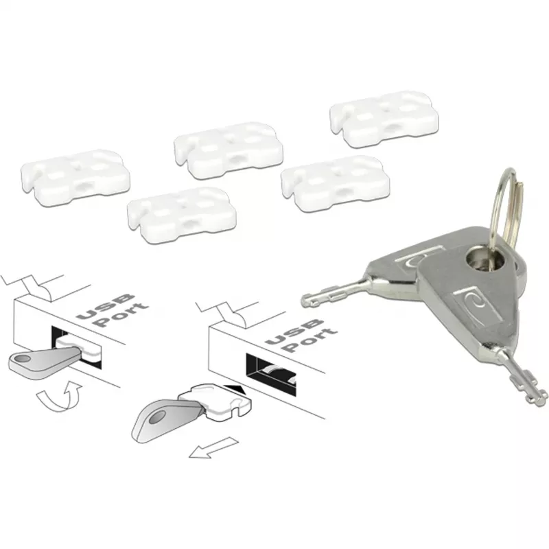 USB prievadų blokatorių rinkinys USB-A lizdui, kištukinis užraktas Baltas/Sidabrinis, 5x USB prievadų blokatorius, 2x raktas
