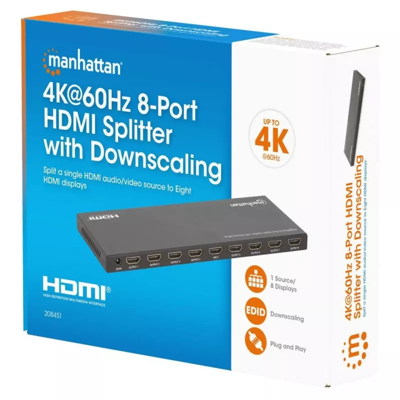 Manhattan 4K@60Hz 8 prievadų HDMI skirstytuvas su sumažinimo funkcija, padalijantis vieną HDMI įvestį į aštuonis HDMI išvestis (1x8), 18G, EDID jungiklis sumažinimui, juodas