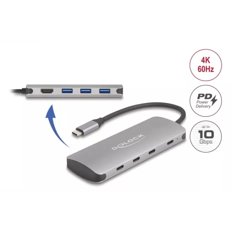 USB-C šakotuvas DELOCK 64323 — USB 3.2 Gen 2 Type-C priegloba, HDMI + 2× USB-A + 2× USB-C, 10 Gbit/s, pilkas