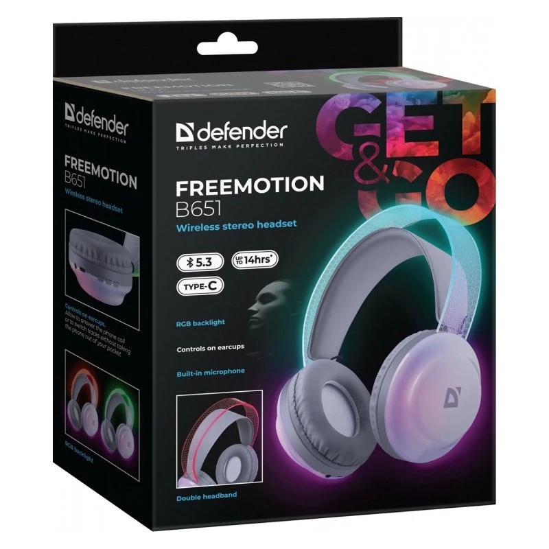 Belaidės ant galvos dedamos ausinės DEFENDER Freemotion B651 — binauralinės, uždara akustinė sistema, 20–20000 Hz, 105 dB, USB-C, AUX