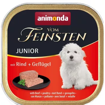 Šlapias šunų maistas animonda Vom Feinsten Junior Beef & Poultry padėklas 150 g — augimui, baltymai 11%, riebalai 7%