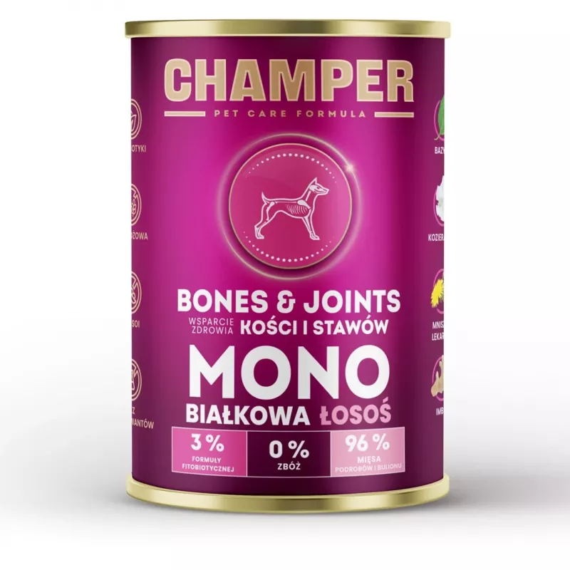 CHAMPER Bones & Joints Monoprotein lašiša - šlapias šunų ėdalas - 400g