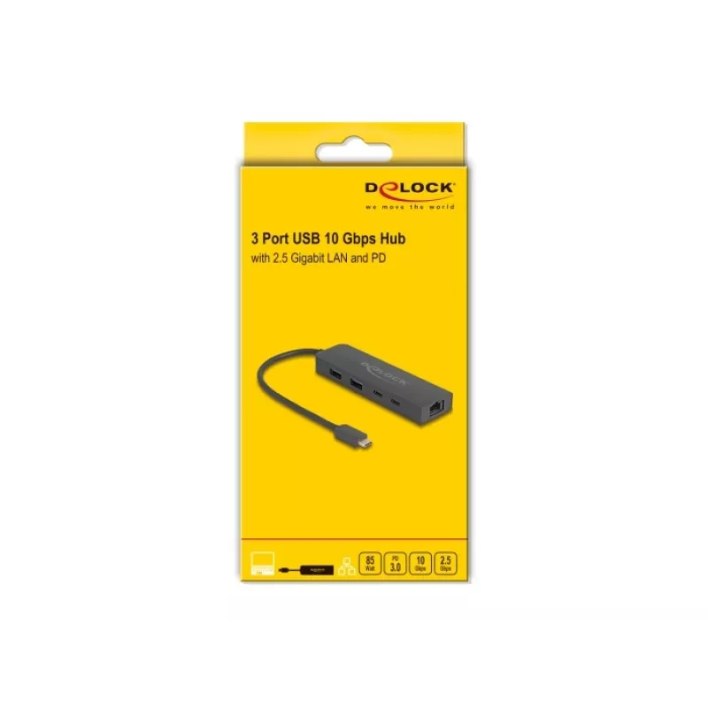 USB šakotuvas DeLOCK 10 Gbps su 2,5 Gigabit LAN ir PD 85 W