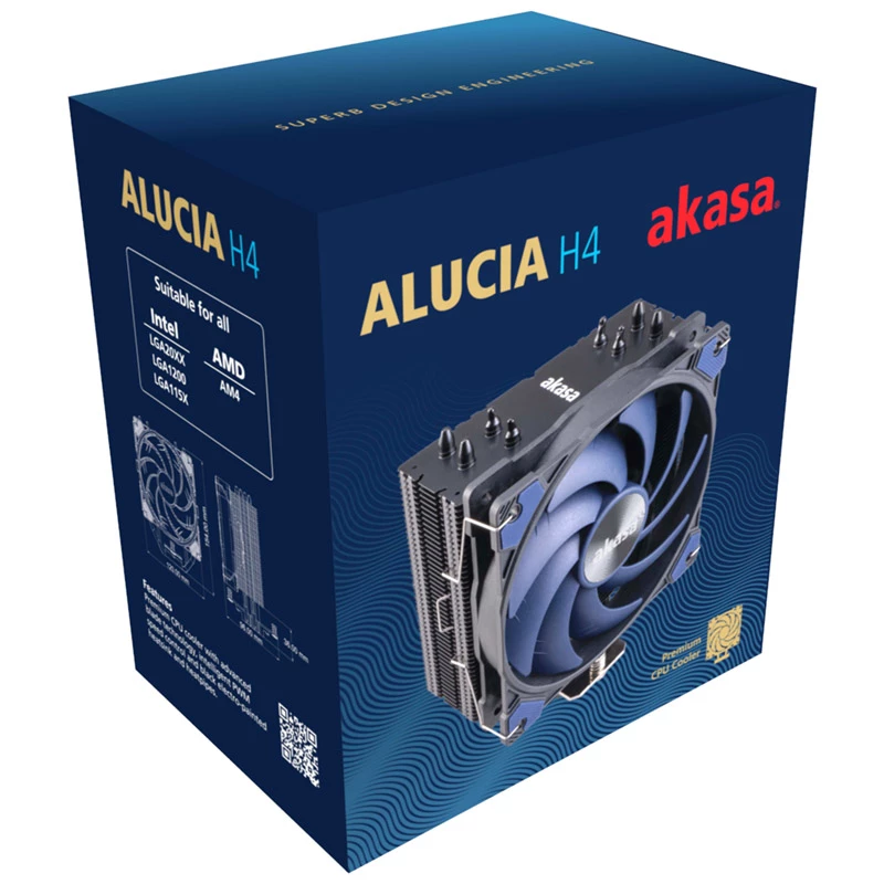 Aušintuvas Akasa Alucia H4 12 cm juodas mėlynas su hidrodinaminiu guoliu