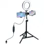 LED žiedinis šviestuvas 16 cm su trikoju stovu iki 70 cm ir dvigubu telefono laikikliu, USB
