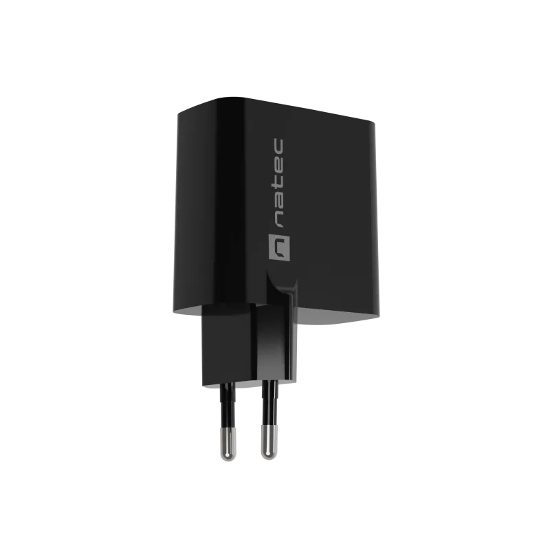 Laidus mobilusis įrenginių įkroviklis NATEC NUC-2145, 65 W, USB-C PD 3.0 + QC 3.0, 1x USB-C, 1x USB-A, 110–240 V, juodas