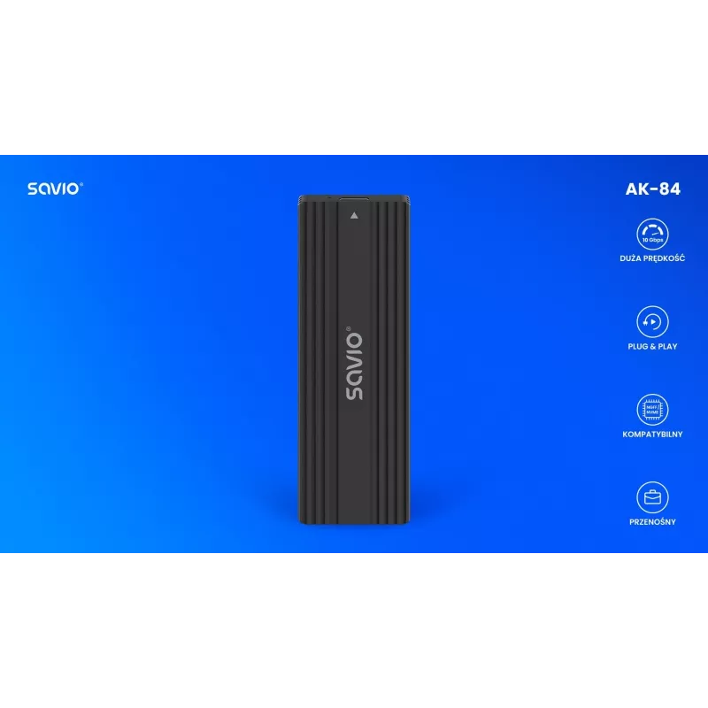 SSD dėklas SAVIO AK-84 juodas M.2 diskams, USB 10 Gbit/s (Type-A / Type-C), aliuminis + ABS