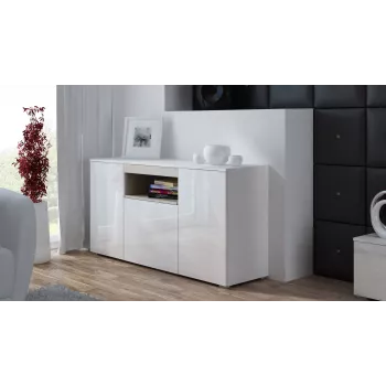 Sideboard Cama Meble VIVA 150 – balta/baltai blizganti ir sonoma ąžuolas, 3 durys, 5 lentynos, 1500×450×800 mm