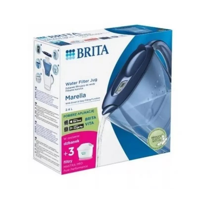 Vandens filtravimo ąsotis BRITA Marella 2,4 L su 3 Pure Performance kasetėmis, Maxtra Pro, mėlynas