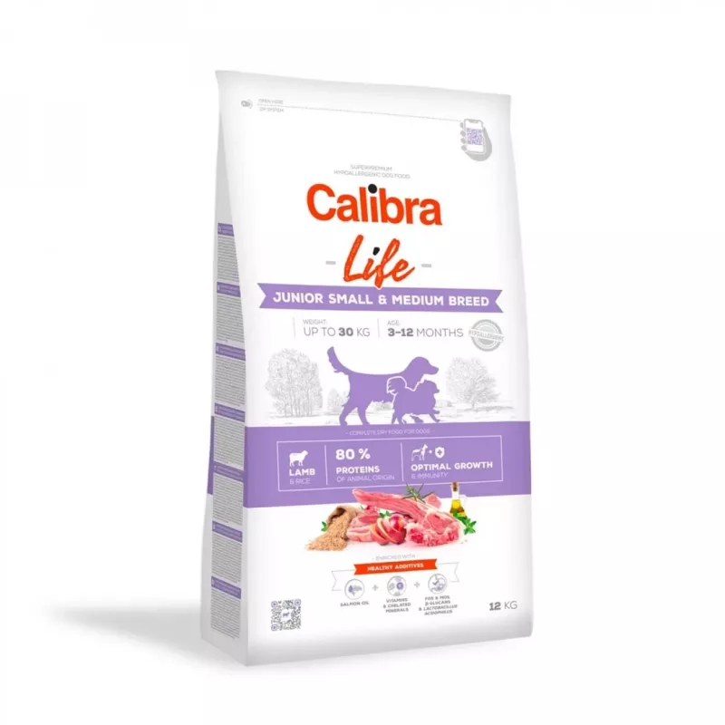 Sausas šunų maistas Calibra Life Junior Small & Medium breed Lamb 12 kg — visavertis sausas pašaras augantiems šunims, 28% baltymų, 18% riebalų, 10–15,9 kg šuniukams