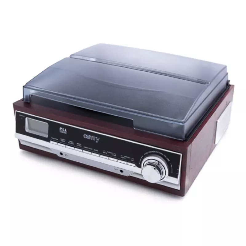 Garso patefonas Camry CR 1168 — juodas su medžio apdaila, 33/45 RPM, įmontuoti garsiakalbiai, RCA išvestis