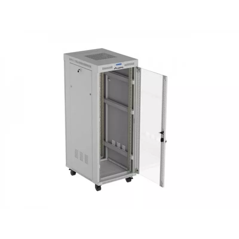 19 colių 32U LANBERG stovimasis stovas-spinta 600×800 mm pilka su stiklinėmis durelėmis ir LCD (plokščia pakuotė)