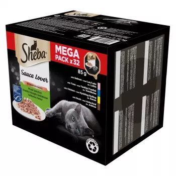Šlapio kačių maisto padėklas Sheba rinkinys 32 x 85 g — paukštienos, antienos, lašišos, tuno mišinys