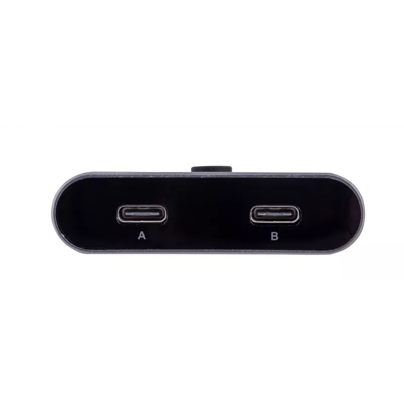 USB-C šakotuvas Unitek D1078A — USB-C dokinimo stotis, 2x USB-C įvestis, 1x USB-C išvestis, 100 W PD, 4K palaikymas, 3840×2160 maks., pilka