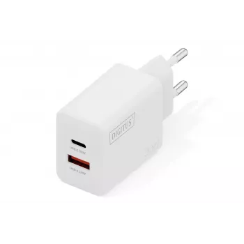 AC vidaus USB GaN įkroviklis DIGITUS DA-10301 — 30W, 1× USB-C, 1× USB-A, 100–240V, balta