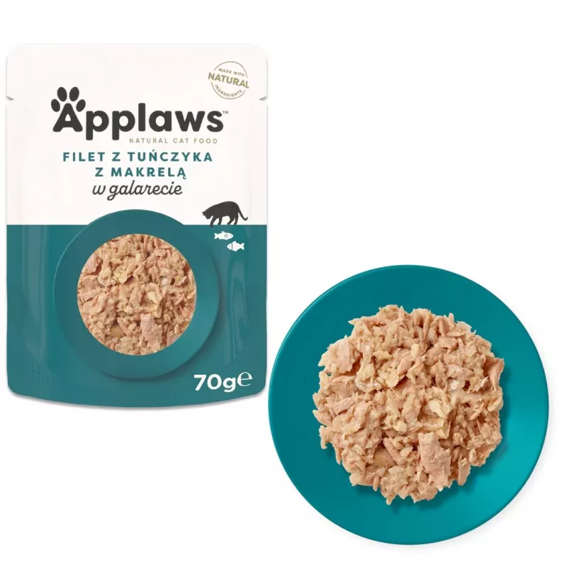 Šlapias kačių maistas Applaws Tuna Fillet with Mackerel in Jelly 70 g pakelyje, suaugusioms katėms, 82 % drėgmės, 13 % baltymų